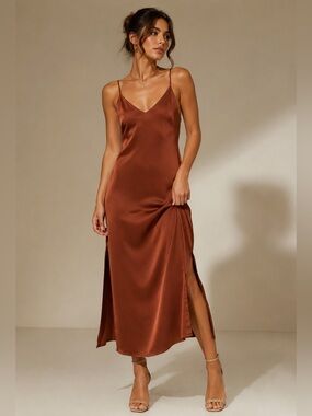 The Drop Rust Brown Satin Slip Dress Minimalist Midi Dress Cami Dress